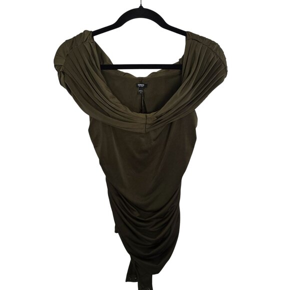 Express Body Contour Olive Off-Shoulder Ruched Bodysuit M Stretch - Picture 2 of 9